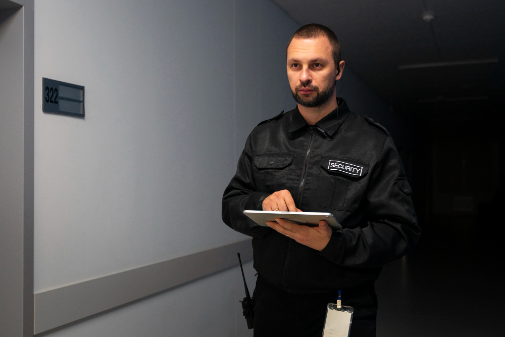A securitry guard walking in a hallway holding a notepad.
