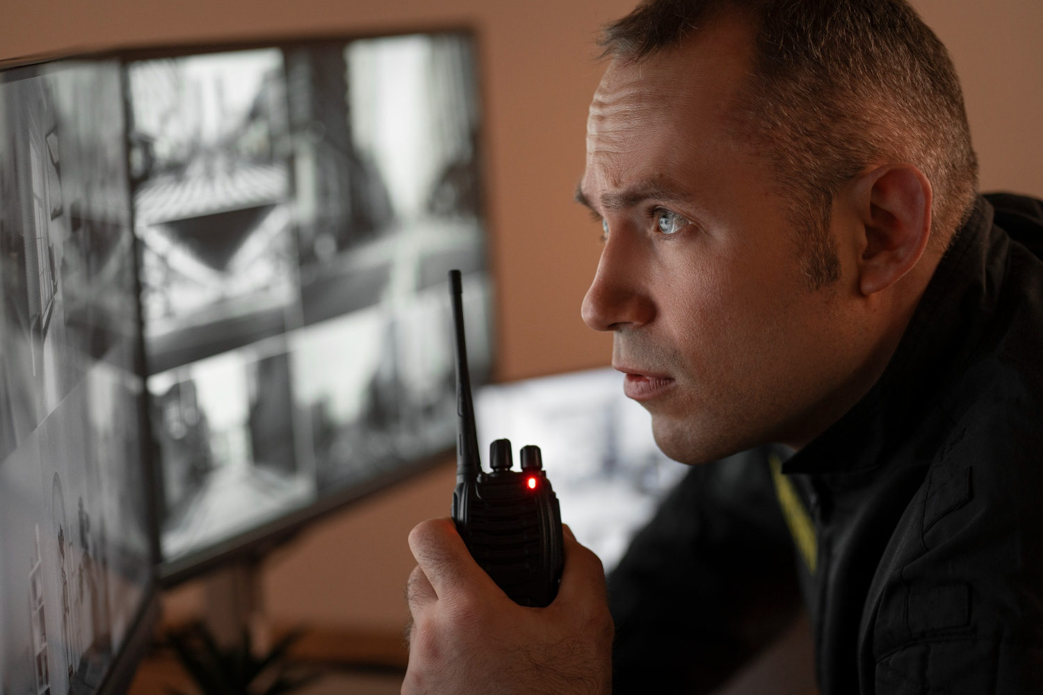 A security guard watching cctv fotage and holding a walkie-talkie.